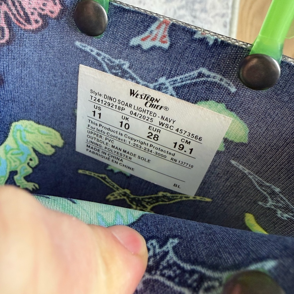 Western Chief Light Up Navy Dinosaur Rain Boots with Green Handles—Like New - Picture 6 of 8